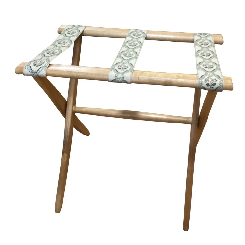 Vintage Wood Folding Luggage Rack Floral Tapestry Straps Natural Finish Stand
